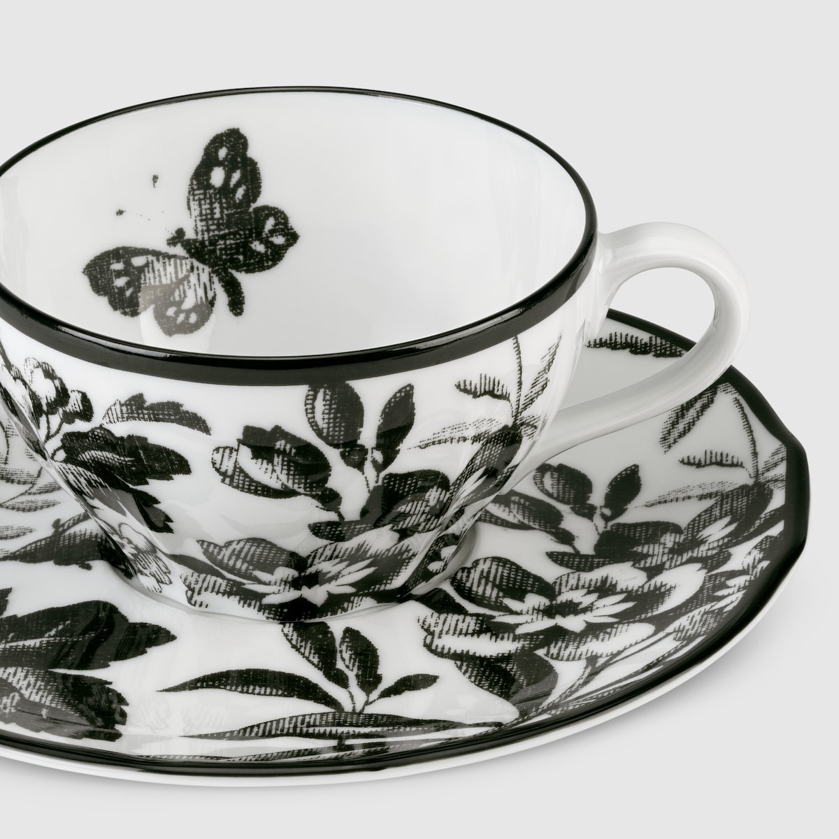 Herbarium Teacup And Saucer Set Of Two In Black And White Porcelain