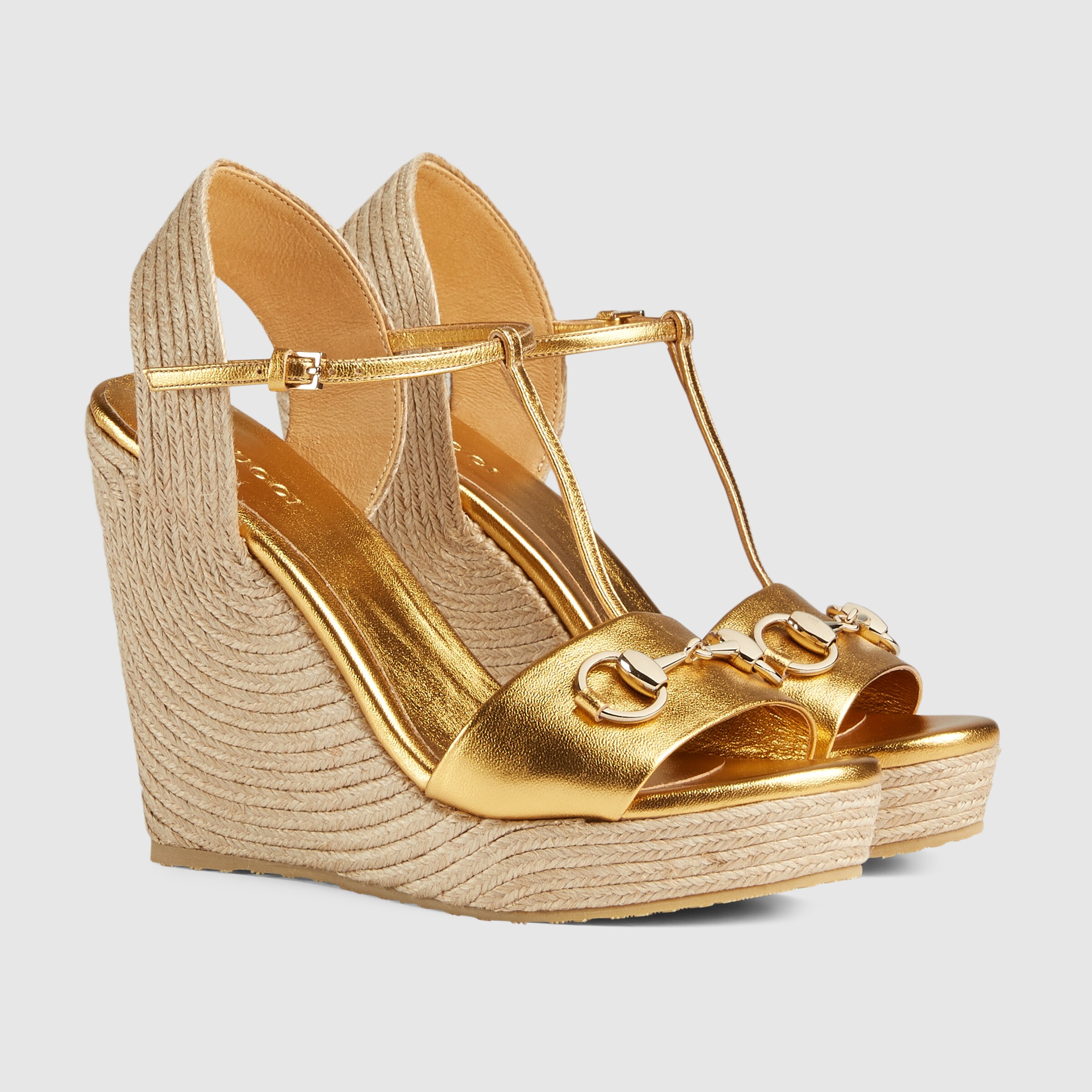 Gucci Women Rafia horsebit leather wedge 388354B8B008023