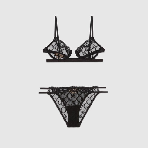 KW غوتشي GG embroidered tulle lingerie set in black