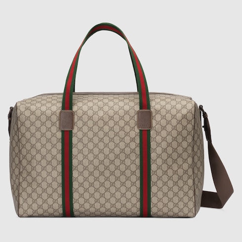 Bolsa De Viaje Grande Con Tribanda Web En GG Supreme Suave Beige Y