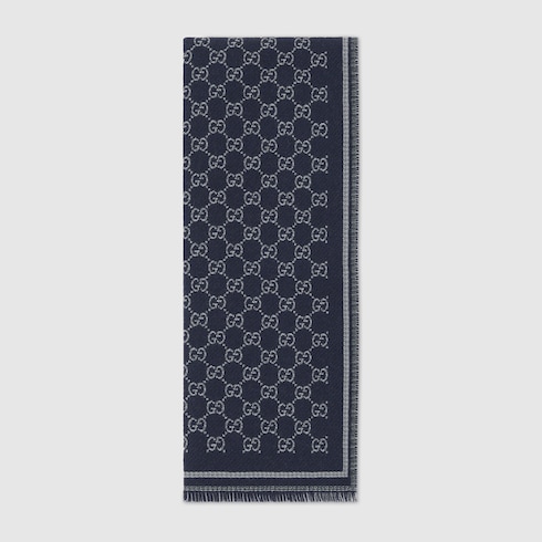 Gucci GG wool jacquard scarf dark blue and grey Detail 2