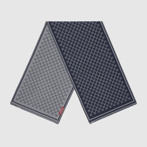 Gucci GG wool jacquard scarf dark blue and grey Detail 3