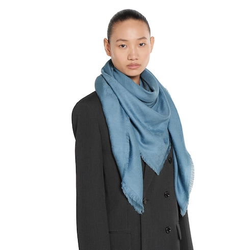 Gucci GG wool silk jacquard shawl light blue