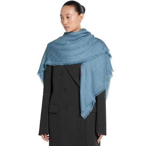 Gucci GG wool silk jacquard shawl light blue Detail 5