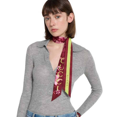 Gucci ริบบิ้น Printed silk twill ribbon สีแดงบอร์โดซ์และสีเขียว