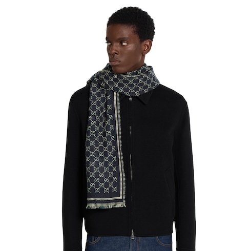 Gucci GG wool jacquard scarf black and dark green