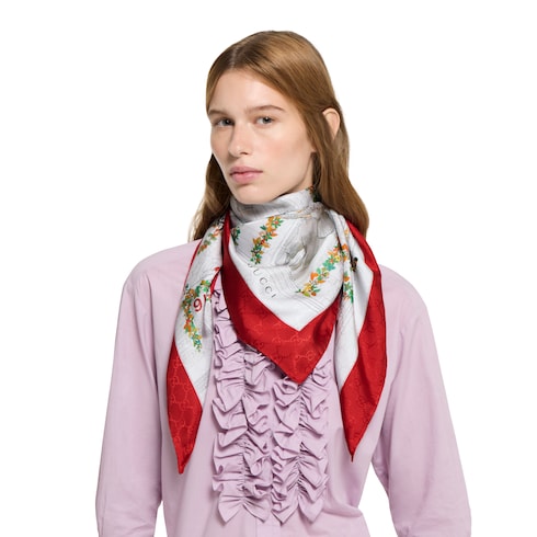 Gucci Printed silk twill carré dark grey and red Detail 3