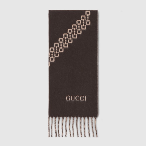 Gucci ผ้าพันคอ Cashmere jacquard scarf สีน้ำตาลและสีเบจ