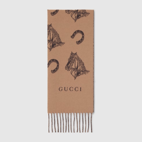 Gucci Silk wool equestrian jacquard scarf camel and light brown