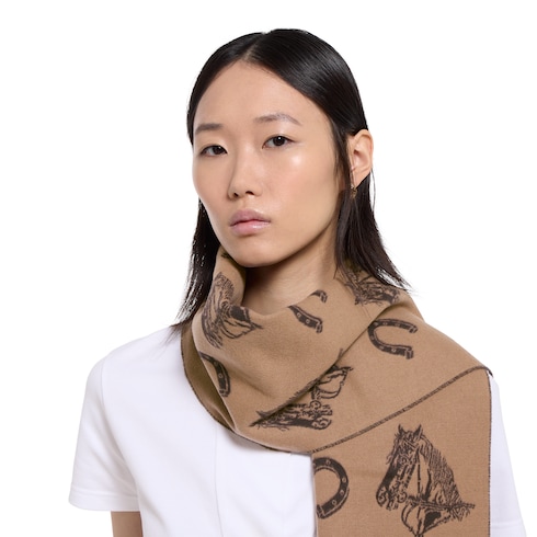 Gucci Silk wool equestrian jacquard scarf camel and light brown Detail 4