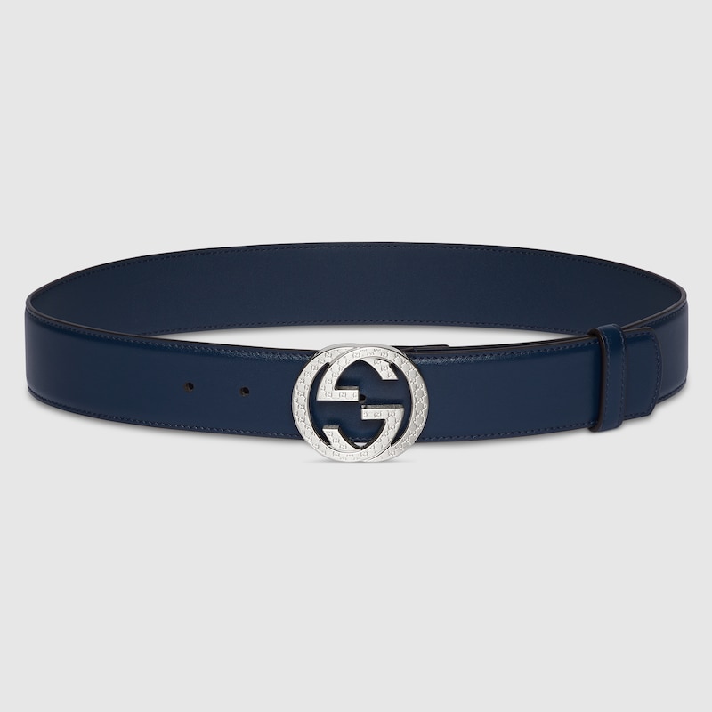 GUCCI Belt With Interlocking G Engraved Buckle, Size Gucci 80, Blue, Leather