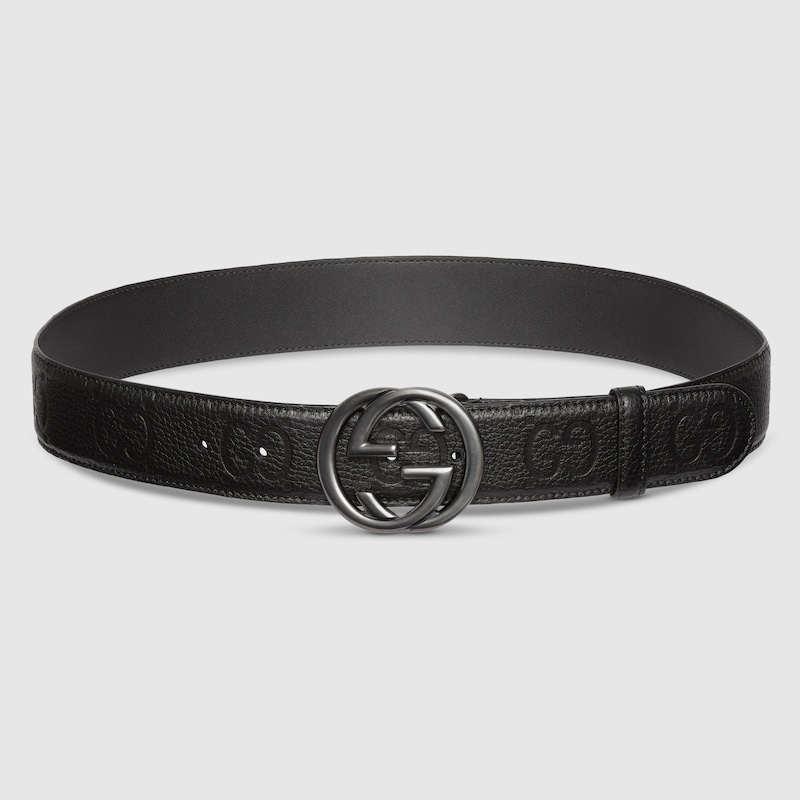 GUCCI Belt With Interlocking G Buckle, Black, Leather