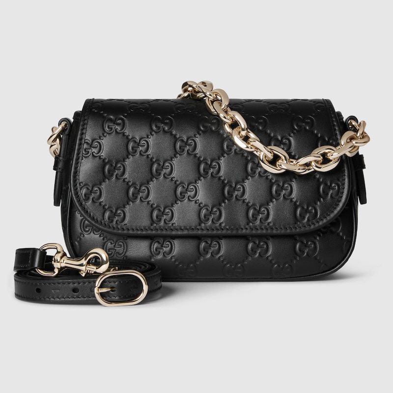 GUCCI GG Emblem Small Shoulder Bag, Black, Leather