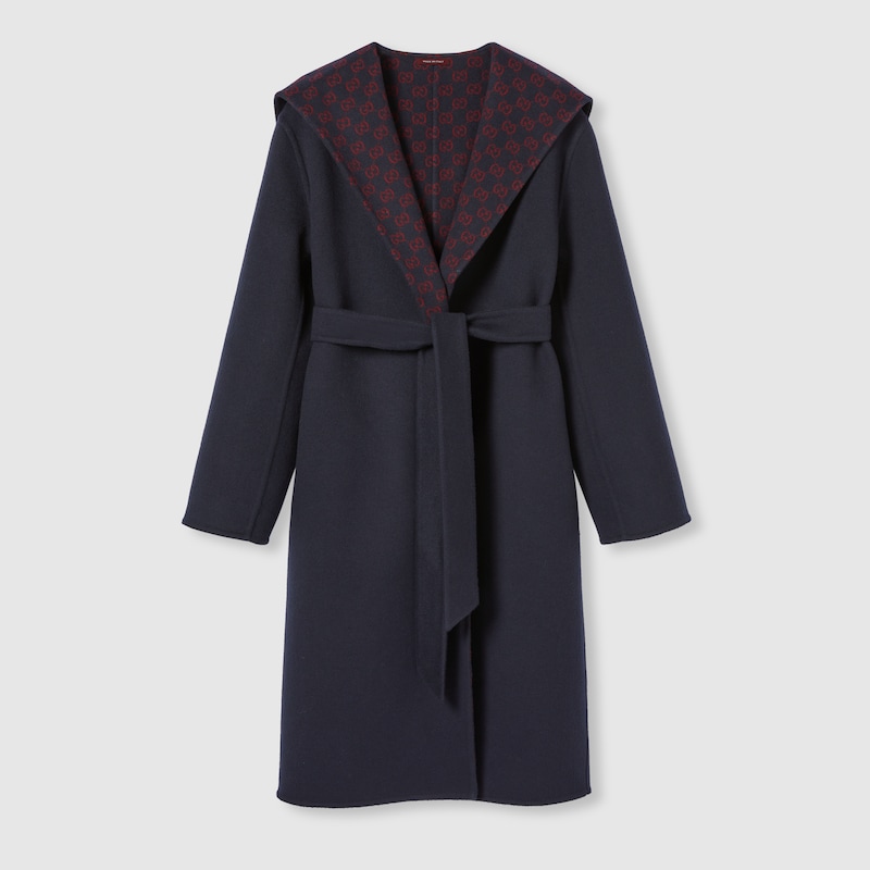 GUCCI Reversible Wool Silk Hooded Coat, Blue