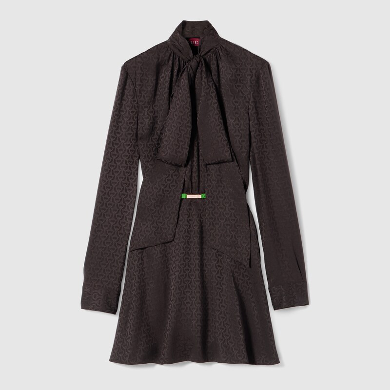 GUCCI Horsebit Silk Jacquard Dress, Brown