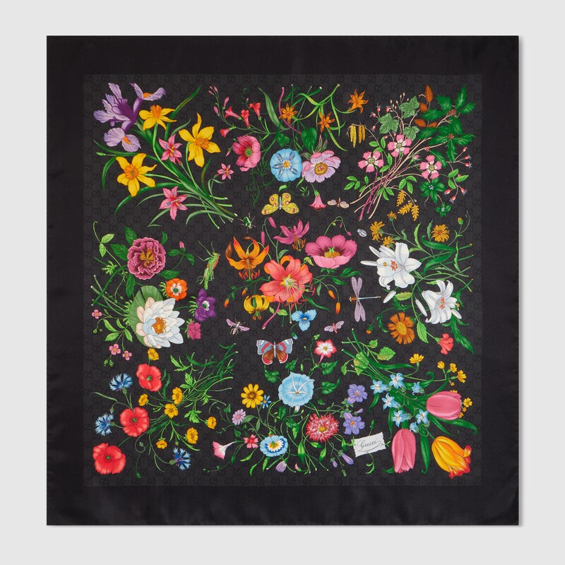 GUCCI Printed GG Silk Twill Carré, Black, Silk
