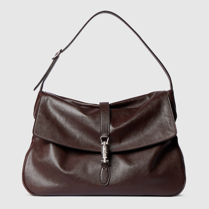 GUCCI Jackie Flap Large Crossbody Bag, Brown, Leather