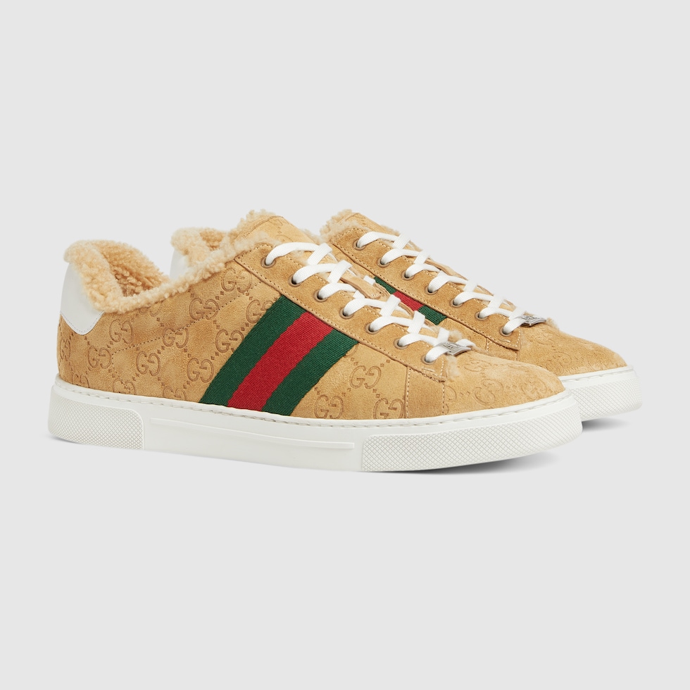 Men S Gucci Ace Sneaker With Web In Beige Gg Suede Gucci Us