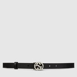 Black leather belt with crystal interlocking G buckle