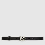 Ceinture en cuir noir avec boucle double G en strass cristal