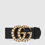 Wide leather belt with pearl Double G