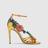 Embroidered metallic leather mid heel sandal