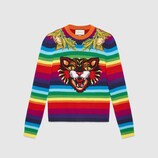 Striped wool intarsia sweater with appliqués