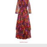 Embroidered violet print chiffon gown