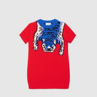 Children's merino dress with tiger