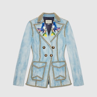 Embroidered denim jacket with studs