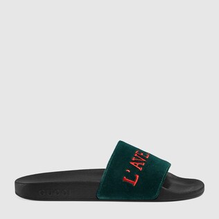 Velvet slide sandal with embroidery