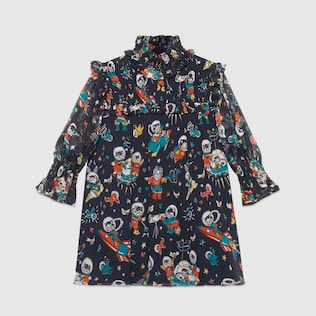 Children's space cats print silk dress