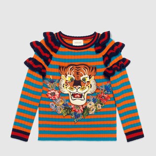 Children's striped wool ruffle sweater with embroidery