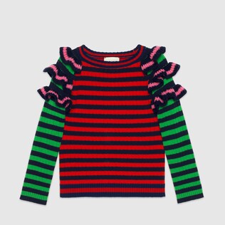 Children's striped wool ruffle sweater