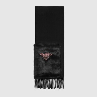Crystal bee silk scarf with mink pocket