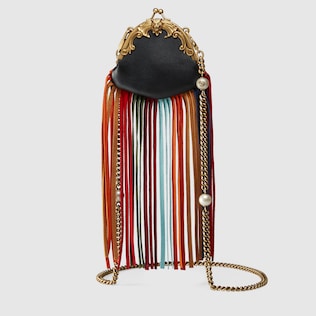 Leather mini frame bag with fringe