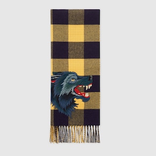 Check wool cashmere scarf with wolf