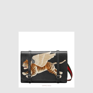 Leather messenger with tiger