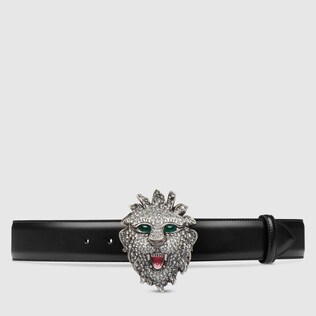 Leather belt with lion head buckle