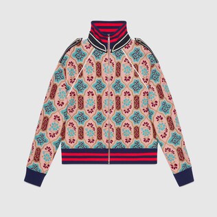 Tapestry jacquard wool knit bomber