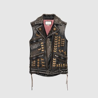 Studded leather vest with embroidery