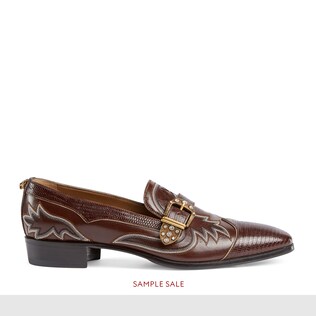 Embroidered leather and lizard loafer