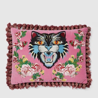Velvet cushion with Angry Cat embroidery