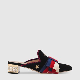 Embroidered velvet slide with Sylvie bow