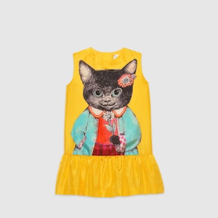 Vestido Infantil de Seda con Estampado de Gatito