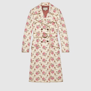 Roses print leather trench coat