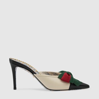 Leather mid-heel slide with Web bow