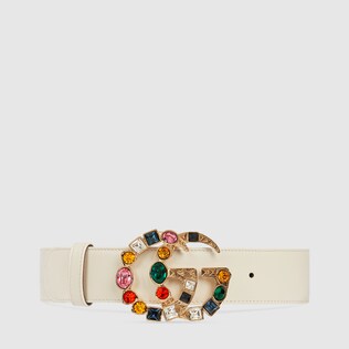 Leather belt with crystal Double G buckle