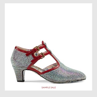 Crystal mid-heel t-strap pump