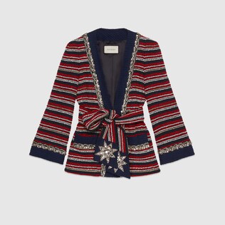 Marine stripe bouclé jacket with belt